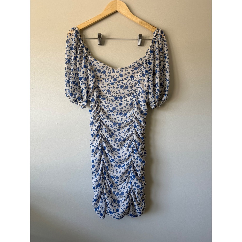 All in Favor Blue Floral Ruched Puff Sleeve Mini Dress‎ Square Neck Small